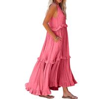 Vestido De Camisola Para Mujer Estilo Europeo Y Americano Verano Nuevo Con Aros Largo Y Volante Sin Mangas Cuello En V Vestido Largo - details 18