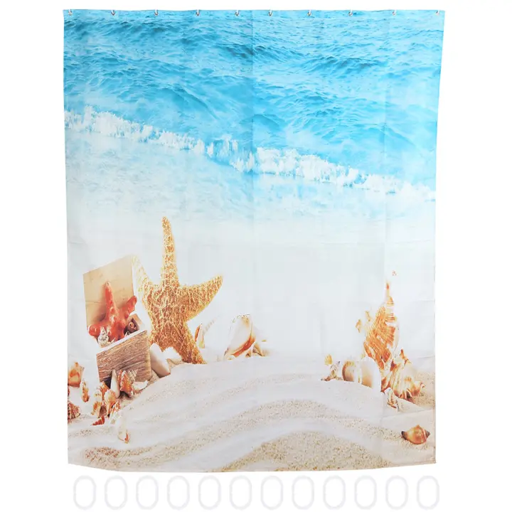 Cortina de ducha impermeable con estampado a prueba de moho, hermoso paisaje de playa, cortina de baño con capucha, 180cm x 180cm - 1
