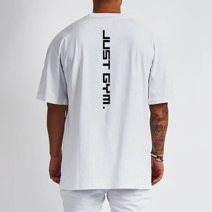 Oversized T shirts Mens Dropped Shoulder Half Sleeve Tops Tees Summer New Fashion Loose Sports T-shirt Men Mesh Fitness Tshirt - 1