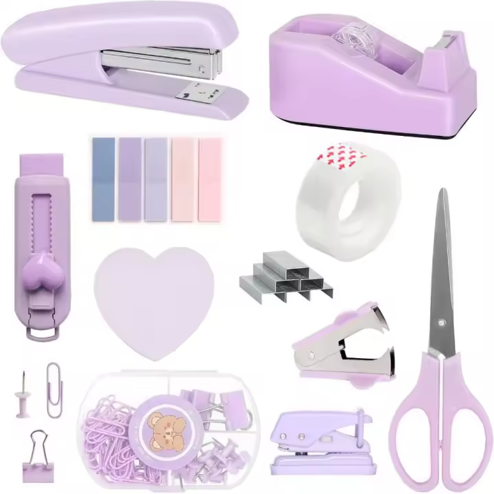 Dispensador de cinta, juego de grapadora, tijeras y pestañas, Clips de papel, Kit de papelería de oficina, eliminador de grapas, Accesorios de escritorio de Color macarrón - 1