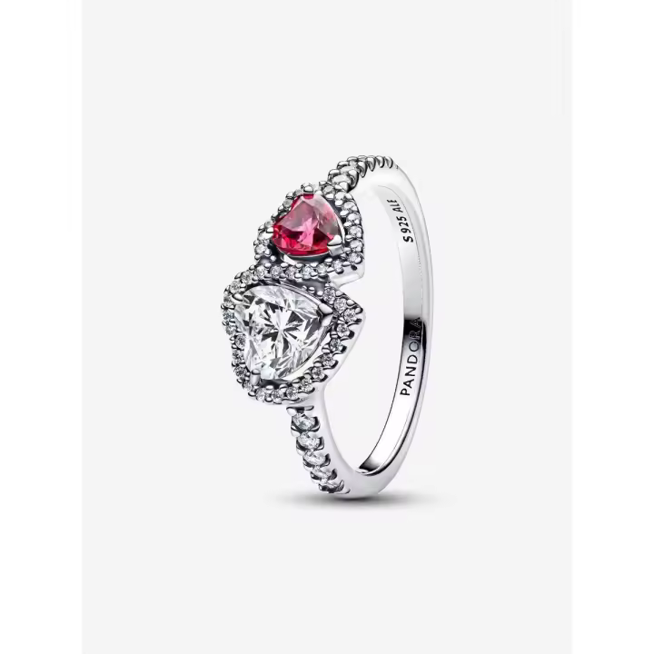 Anillo de corazones rojos dobles con halo brillante de plata 925 - 1