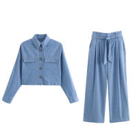 OUWU- Conjunto De Camisa Corta Con Cinturón Para Mujer, Conjunto De Pantalones De Pierna Ancha, Con Cuello Informal, Decoración De Bolso, Novedad De Otoño - details 0