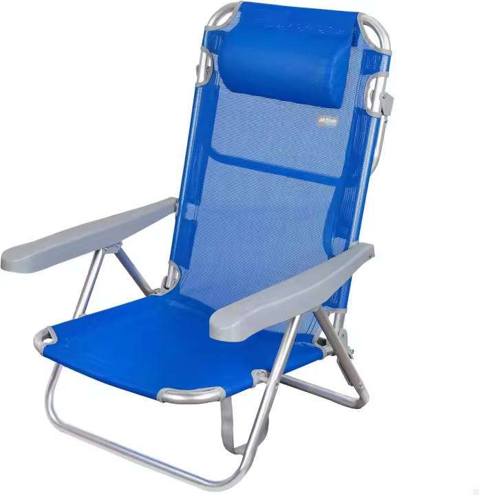 Silla de playa plegable con cojín, color azul, 48x45,5x84 cm, reclinable, 5 posiciones, asa de transporte, peso máx 100 kg, resistente - 1