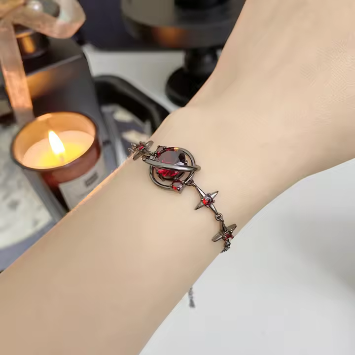 Pulsera de Planeta Roja de Pájaro Diseño Único, Brillante y Fresco Joyería de Mano de Estrella Plateada en Oro Negro Tendencia - 1