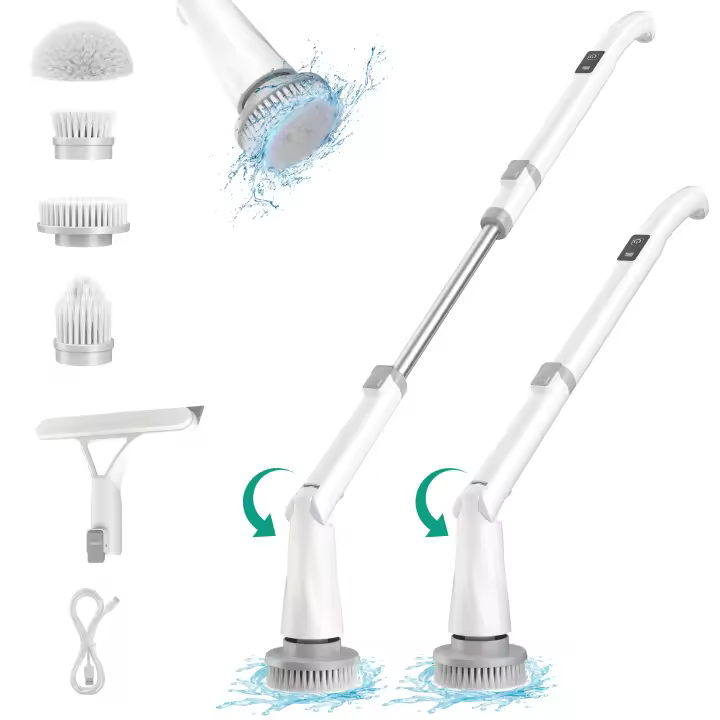 Cepillo eléctrico para fregar PrettyCare, fregador giratorio, mango ajustable, 2 velocidades de rotación, con 8 cepillos reemplazables - 1