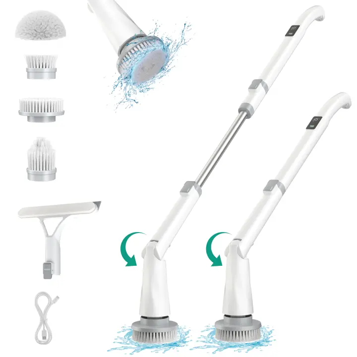 Cepillo eléctrico para fregar PrettyCare, fregador giratorio, mango ajustable, 2 velocidades de rotación, con 8 cepillos reemplazables - 1