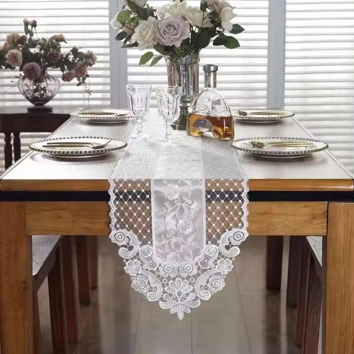 Camino de mesa de comedor, mantel, pasillo beige, flor de boda, bandera bordada europea, mueble de café Ense, decoración del hogar - 1