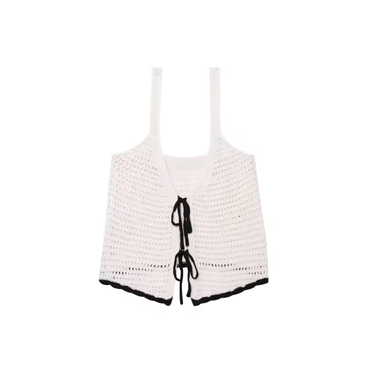 PB & ZA2025bow-tirantes con cuello en V decorados, tops cortos informales simples de calidad hueca, novedad de verano, ropa para mujer - 1