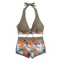 Bikini abierto con estampado de hojas retro en talla grande, conjunto de traje de baño de dos piezas con correas estables para mujer - details 95