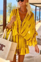 BUNO-Vestido bohemio de verano holgado con volantes y diamantes con cuello en V para mujer, minivestido Bandage informal con cuello en V, vestidos veraniegos para playa y vacaciones - details 2