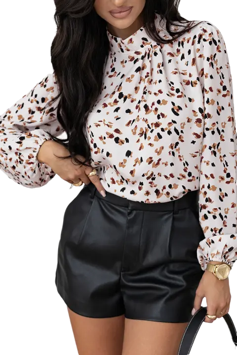 Elrachen Blusa plisada con cuello simulado y manga farol con estampado de leopardo para mujer, blanco, tallas S-XL - 1