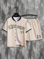 Conjunto Casual de Moda para Hombres Camisetas de Béisbol Manga Corta y Pantalones Cortos con Cordón Perfecto para Verano, Vacaciones, Entrenamiento - details 6