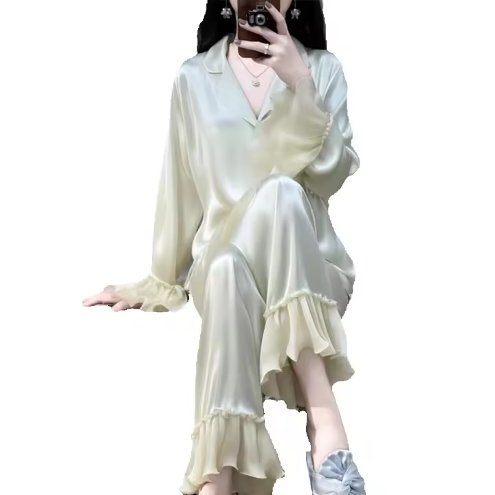 Pijama de Dulce Seda para Mujer Conjunto de Ropa de Casa de Primavera-Verano, Encaje de Alta Calidad, Color Sólido - 1