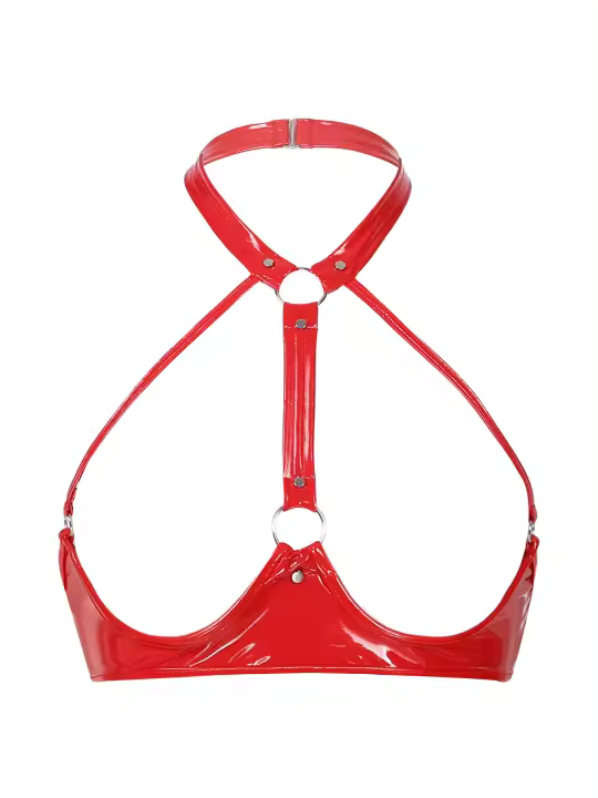 Sujetador Sexy de copas abiertas para mujer, sujetador con pezones expuestos, aspecto húmedo, charol, cuello Halter, Top con espalda al aire, lencería erótica, ropa de dormir - 1