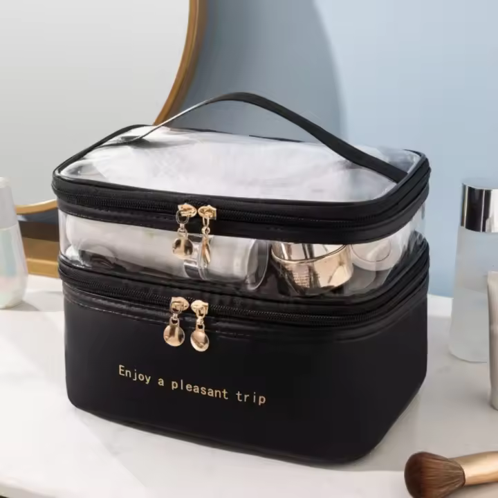 Caja de cosméticos transparente impermeable de PVC, bolsa de almacenamiento de artículos de tocador de viaje de doble capa, bolsa organizadora de cosméticos multifunción de PU - 1