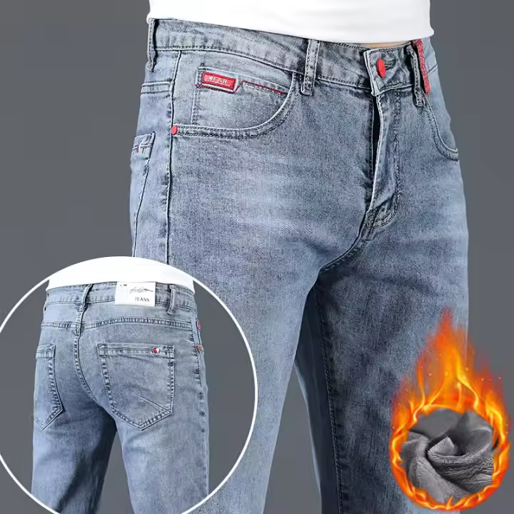 Pantalones vaqueros de moda coreana para hombres pantalones de mezclilla delgados cálidos con correas - 1