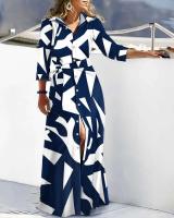 Vestido camisero para mujer, manga 2023, cuello vuelto, con cordones, estampado, Vestidos largos informales de moda de otoño - details 2