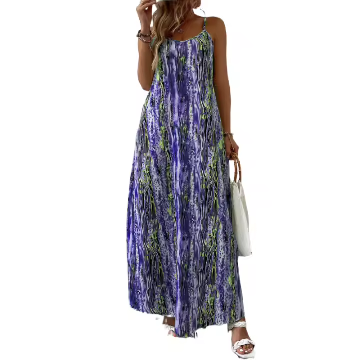 Vestido largo de verano sin mangas para mujer, ropa estampada vintage, elegante cuello en V para fiestas en la playa - 1
