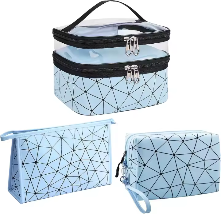 Bolsas de maquillaje de doble capa para hombres y mujeres, neceser de viaje con patrón de diamantes, 3 piezas, 2 unidades - 1