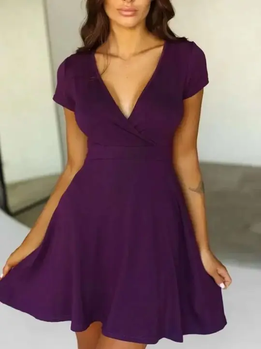 Mini vestidos elegantes de manga corta con cuello en V para mujer, vestidos A-e de Color sólido, vestido diario de verano - 1