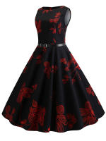Women  summer vintage elegant floral print party dress with belt - details 6
