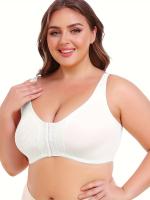 Sujetador deportivo para mujer de talla grande, con cierre frontal, cuello en V, poliéster elástico, color sólido con detalles de encaje, sin relleno, soporte bajo, tejido de punto, para correr y hacer ejercicio - details 0