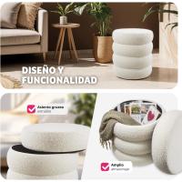 Taburete Almacenaje Bouclé, Carga: 120 kg, MDF, Puff Almacenaje, Taburete Dormitorio, Reposapies Puff, Zapatero Entrada Recibidor, Asiento Acolchado, Ideal Salón Hogar - 42 x 47 cm Crema - details 5