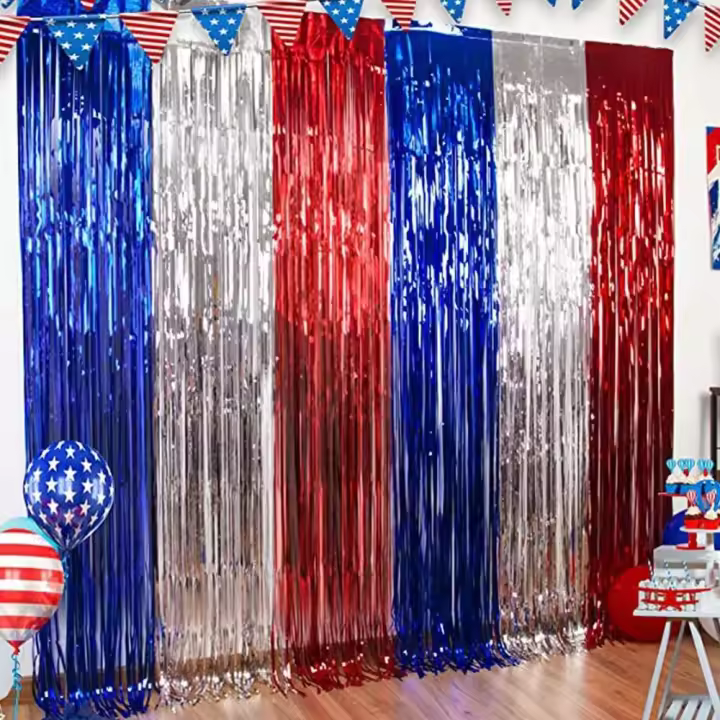 Decoración del Día de la Independencia Americana, bandera americana, cortinas con flecos de papel de aluminio metálico rojo, blanco y azul, 4 de julio, accesorios para fotos - 1