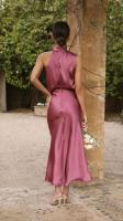Elegante Vestido Largo de Satén de Color Sólido Cuello Halter sin Mangas Ideal para Fiestas - details 3