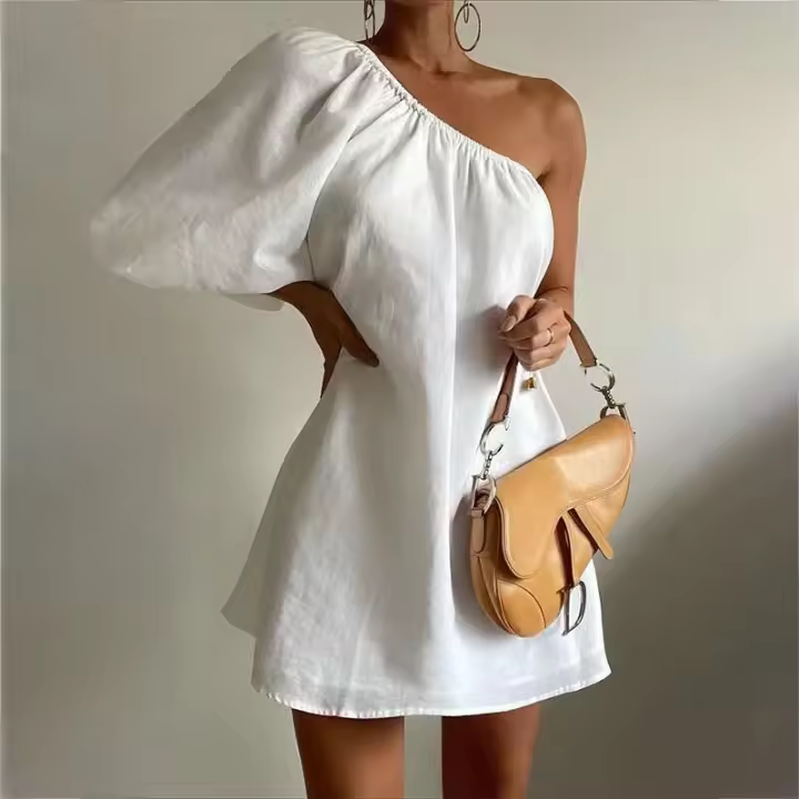 Mini vestido de fiesta de manga de un solo hombro blanco y negro elegante de algodón sesgado ajustado a la moda de primavera para mujer - 1