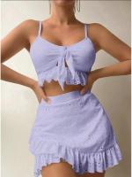 Conjunto de Bikini liso para mujer, bañador Sexy de malla de cintura alta, estilo playero, traje de baño de 3 piezas con volantes para verano, 2023 - details 6