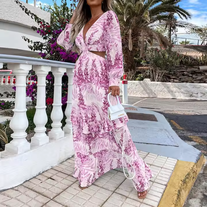 Falda larga para mujer, vestido con vuelo de cintura alta floral con cuello en V hueco para ir al trabajo, novedad de 2025 - 1