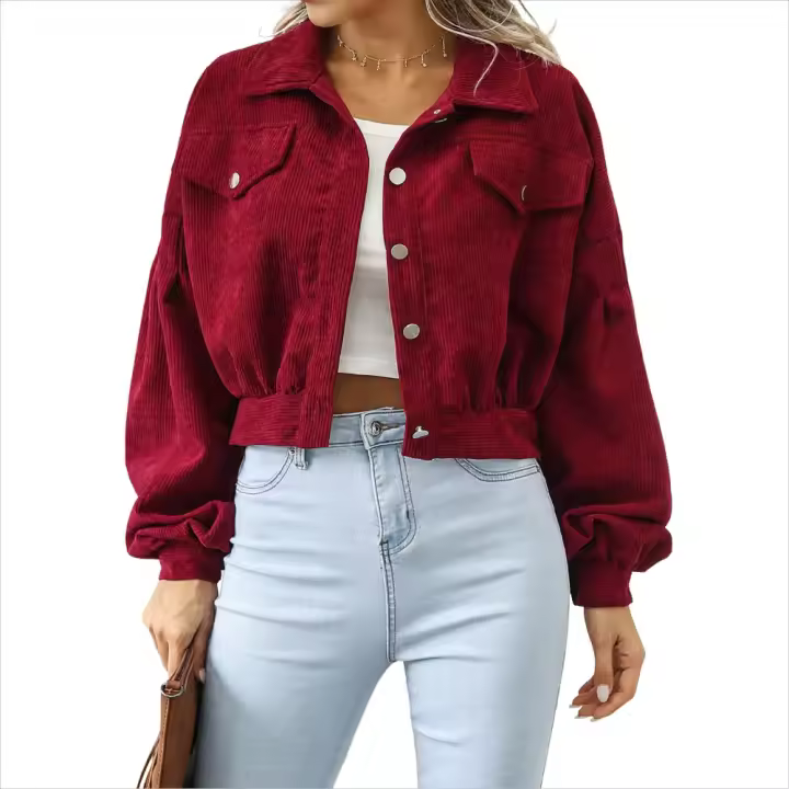 Chaqueta bomber corta con mangas farol, moda primavera vintage de pana. - 1