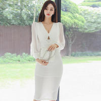 BGTEEVER-vestido ajustado con cuello en V para mujer, prenda elegante de manga larga con cintura ajustada, color liso, para otoño - details 17