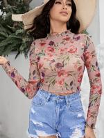 Nueva camiseta de manga larga impresa elegante del ajuste del oído de madera de la flor, las tapas flacas de las MUJERES - details 1