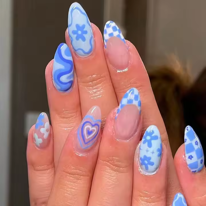 Set De 24 Uñas Postizas De Tostado Mediano Azul Y Rosa Con Diseño De Amor Uñas Postizas Press on Full Cover Para Mujeres - 1