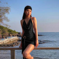 Mini vestido marrón de corte bajo sin espalda para mujer, vestidos plisados ​​de verano para chica fresca - details 4