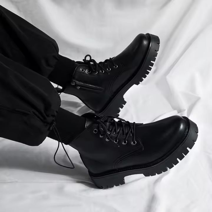 Botas Martín de Estilo Británico Casual Zapatos de Trabajo Negros para Hombres con Crema Lateral - 1
