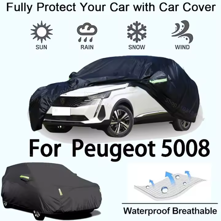 Funda completa para coche para Peugeot 5008, equipo protector para exteriores, resistente a la nieve, parasol, accesorios para automóviles impermeables y a prueba de polvo, negro - 1