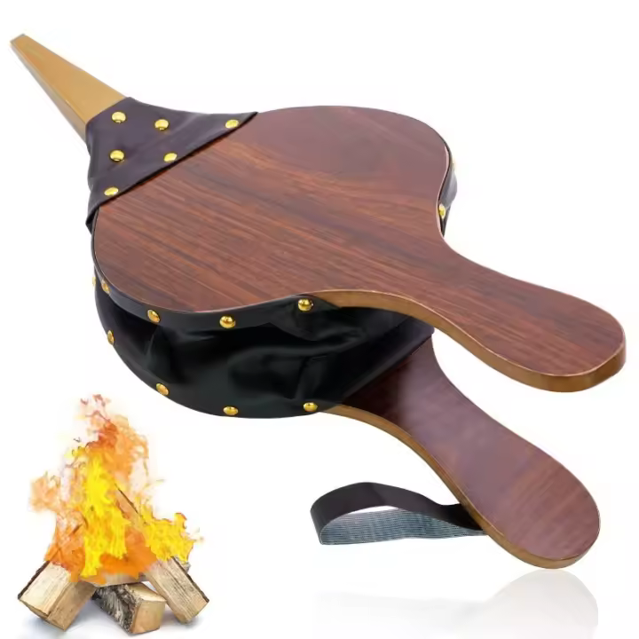 Fuelle de chimenea de madera con correa de cuero colgante, cortacésped de aire marrón para barbacoa al aire libre y Camping - 1