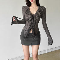 Nuevos tops para mujeres, top de encaje elegante con lazo y volantes en gasa blanca de ensueño - details 10