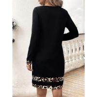 Vestido de mujer con estampado de leopardo, manga larga para otoño invierno, vestido pequeño negro con corte acampanado y falda. - details 4