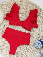 Conjunto de bikini con escote en V y volantes, traje de baño de dos piezas con cintura alta y corte alto en color sólido - details 10