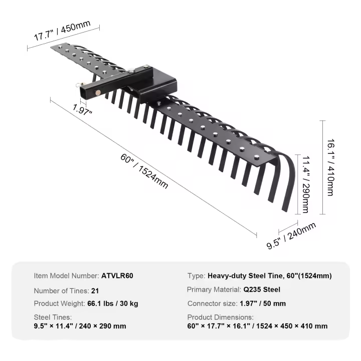 SucceBuy Rastrillo de paisaje con remolque de 60 pulgadas, 21 púas de bobina de acero, desbrozadora de césped para ATV/cortacésped, recoge hojas, agujas de pino y césped, compatible con barras de herramientas de 48 o 60 pulgadas - 1