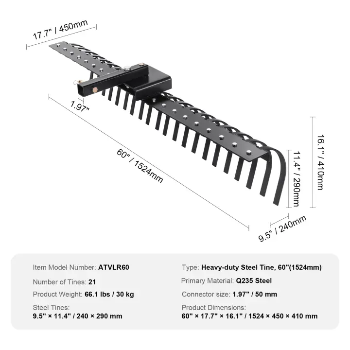 SucceBuy Rastrillo de paisaje con remolque de 60 pulgadas, 21 púas de bobina de acero, desbrozadora de césped para ATV/cortacésped, recoge hojas, agujas de pino y césped, compatible con barras de herramientas de 48 o 60 pulgadas - 1