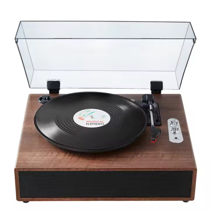 SucceBuy Tocadiscos de vinilo, 3 velocidades, tocadiscos accionado por correa con altavoces estéreo incorporados de 10 W, cartucho magnético, compatible con 33/45/78 RPM Bluetooth Aux en salida RCA, para discos de vinilo de 7/10/12 pulgadas - 1
