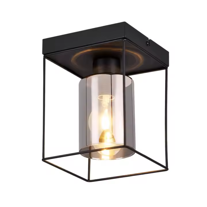 CBJKTX Lámpara de techo para pasillo, lámpara de techo de cristal, 1 bombilla E27, vintage, con estilo industrial retro de metal negro - 1