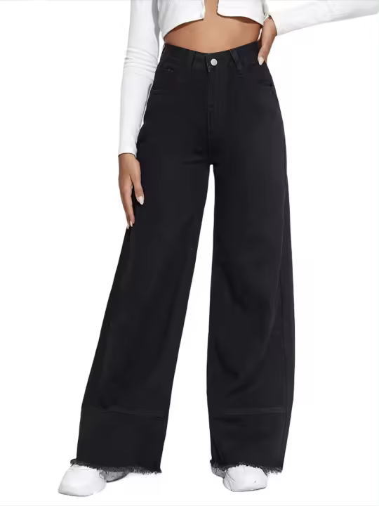 Pantalones vaqueros de cintura alta para mujer, pantalones de pierna ancha informales de moda retro en negro - 1