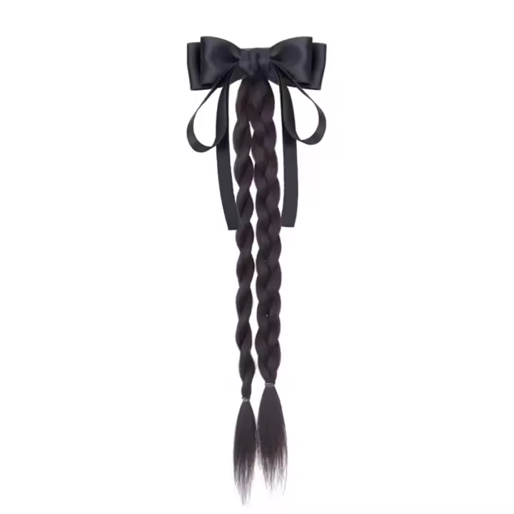 Estilo de Ballet, cola de caballo con lazo negro, extensión de cabello trenzado de boxeo, peluca de cola de poni, peluca trenzada de giro largo Natural para mujer - 1