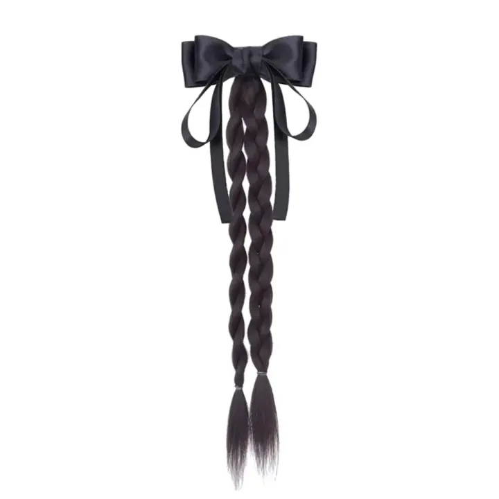 Estilo de Ballet, cola de caballo con lazo negro, extensión de cabello trenzado de boxeo, peluca de cola de poni, peluca trenzada de giro largo Natural para mujer - 1